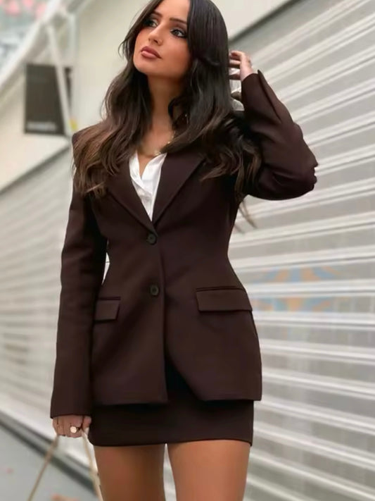 Deep Mocha Tailored Blazer Pants and Skirt Set