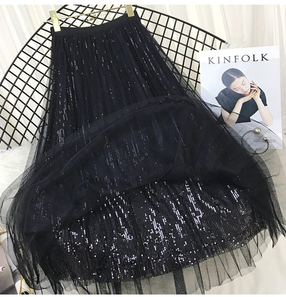 LIDIANA Sequined Tulle Skirt