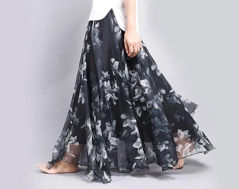 BOHO Floral Print Chiffon Long Skirt