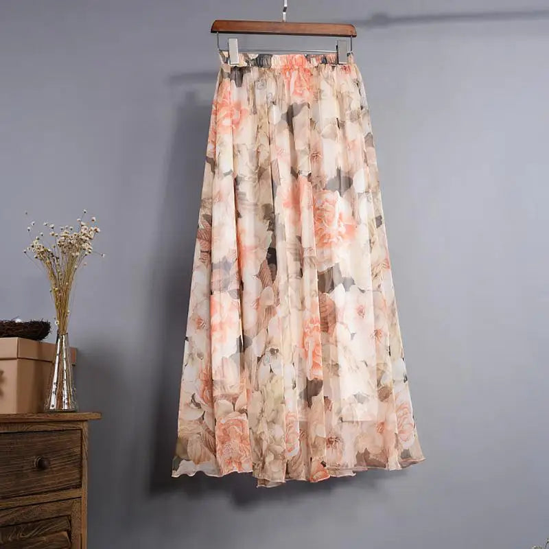 BOHO Floral Print Chiffon Long Skirt