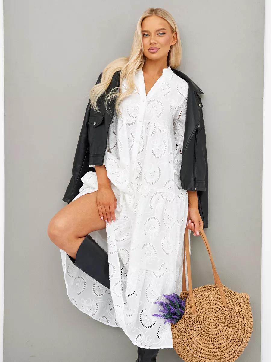 Cotton Crochet White Dress with Flare Sleeves