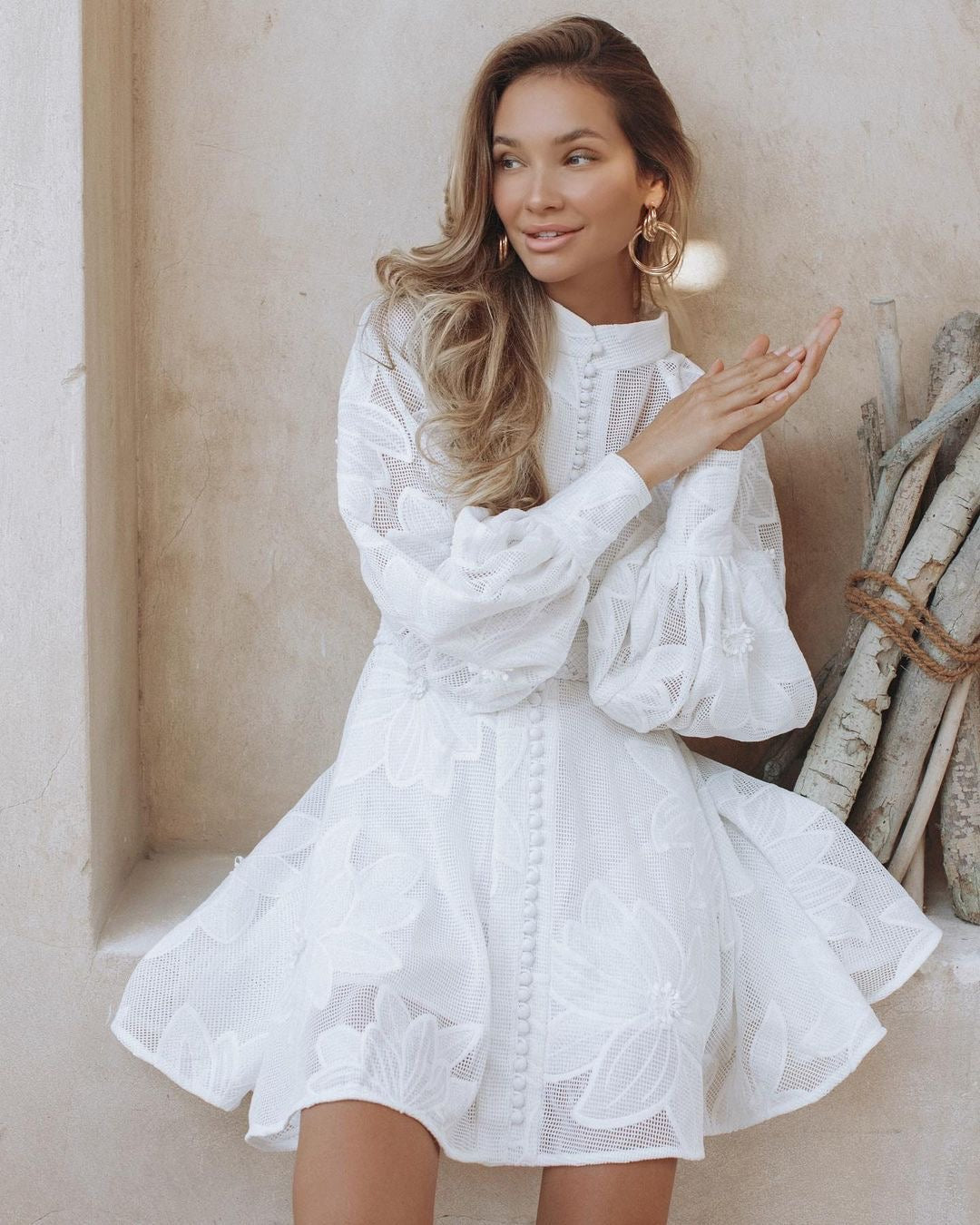 SImona White Dress with Long Sleeves