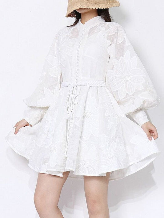 SImona White Dress with Long Sleeves