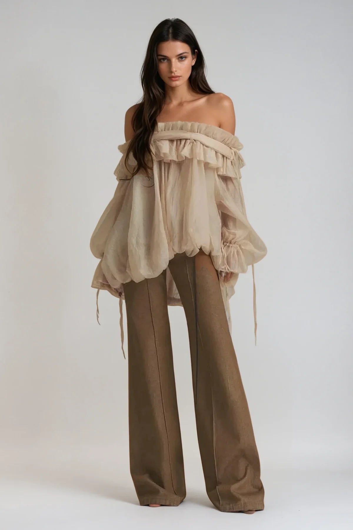 Airin Off Shoulder Mesh Ruffle Top Blouse