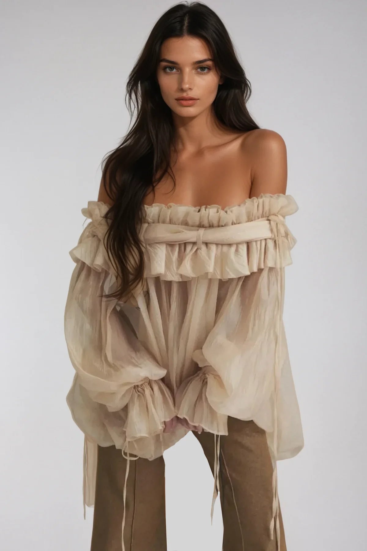 Airin Off Shoulder Mesh Ruffle Top Blouse