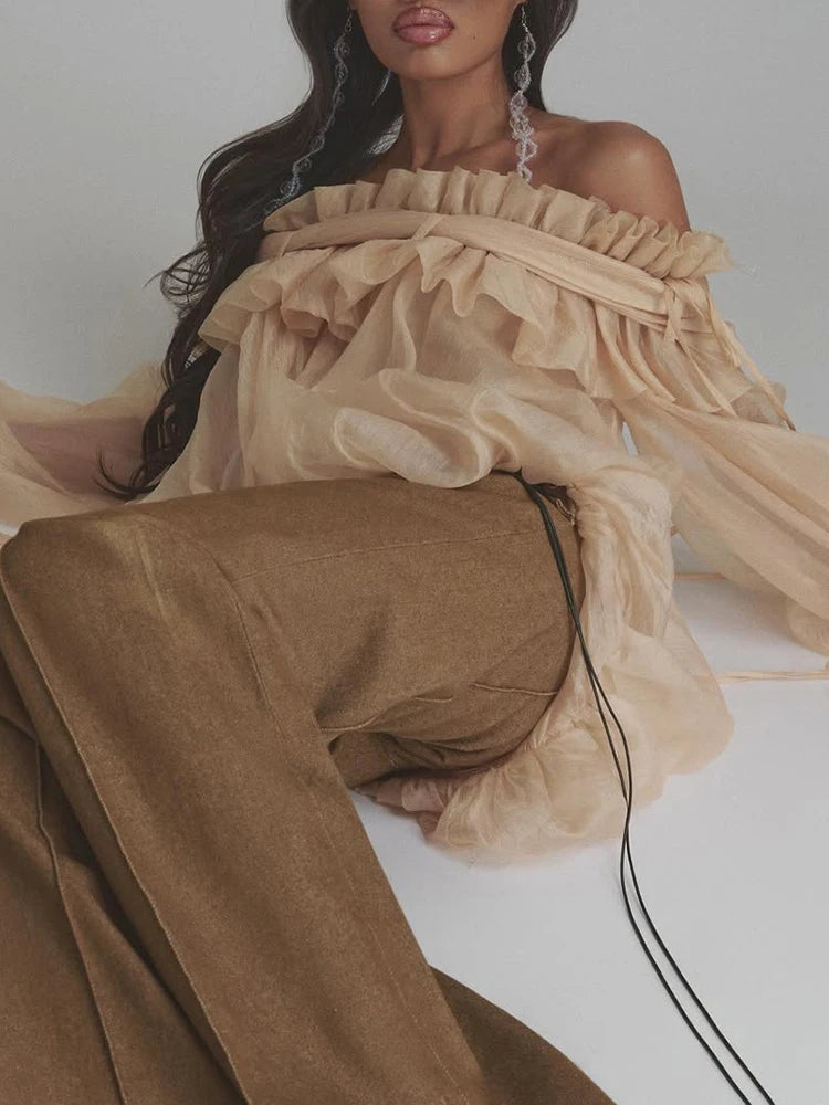 Airin Off Shoulder Mesh Ruffle Top Blouse