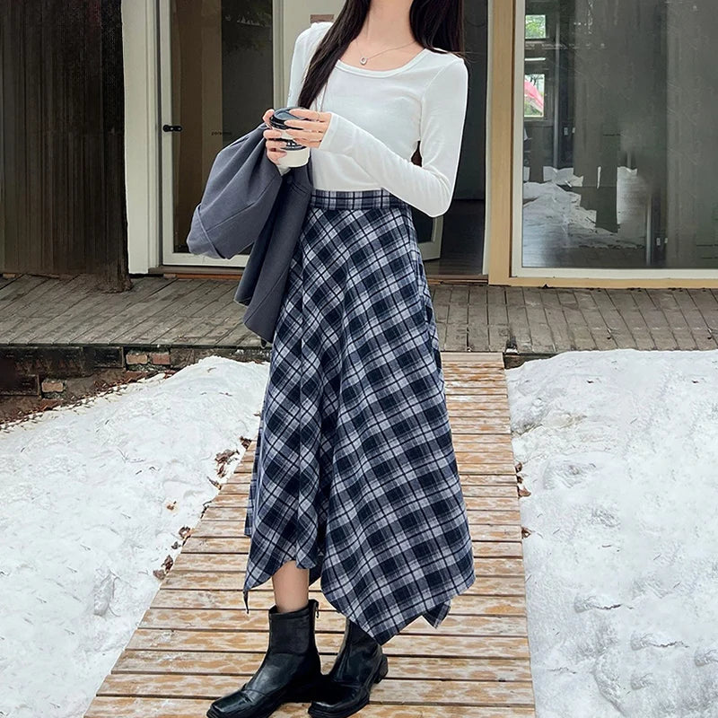 Irregular Vintage Plaid Long Skirts