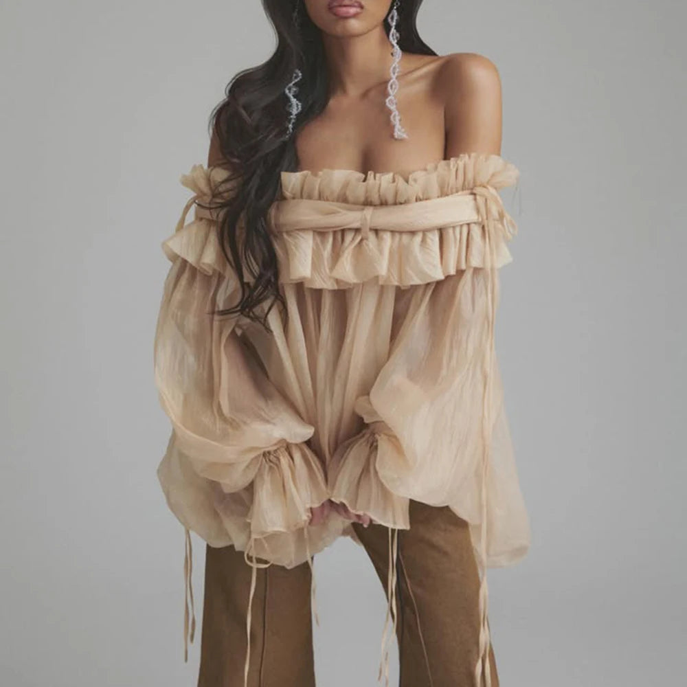 Airin Off Shoulder Mesh Ruffle Top Blouse