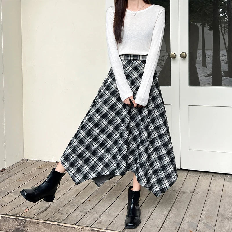 Irregular Vintage Plaid Long Skirts