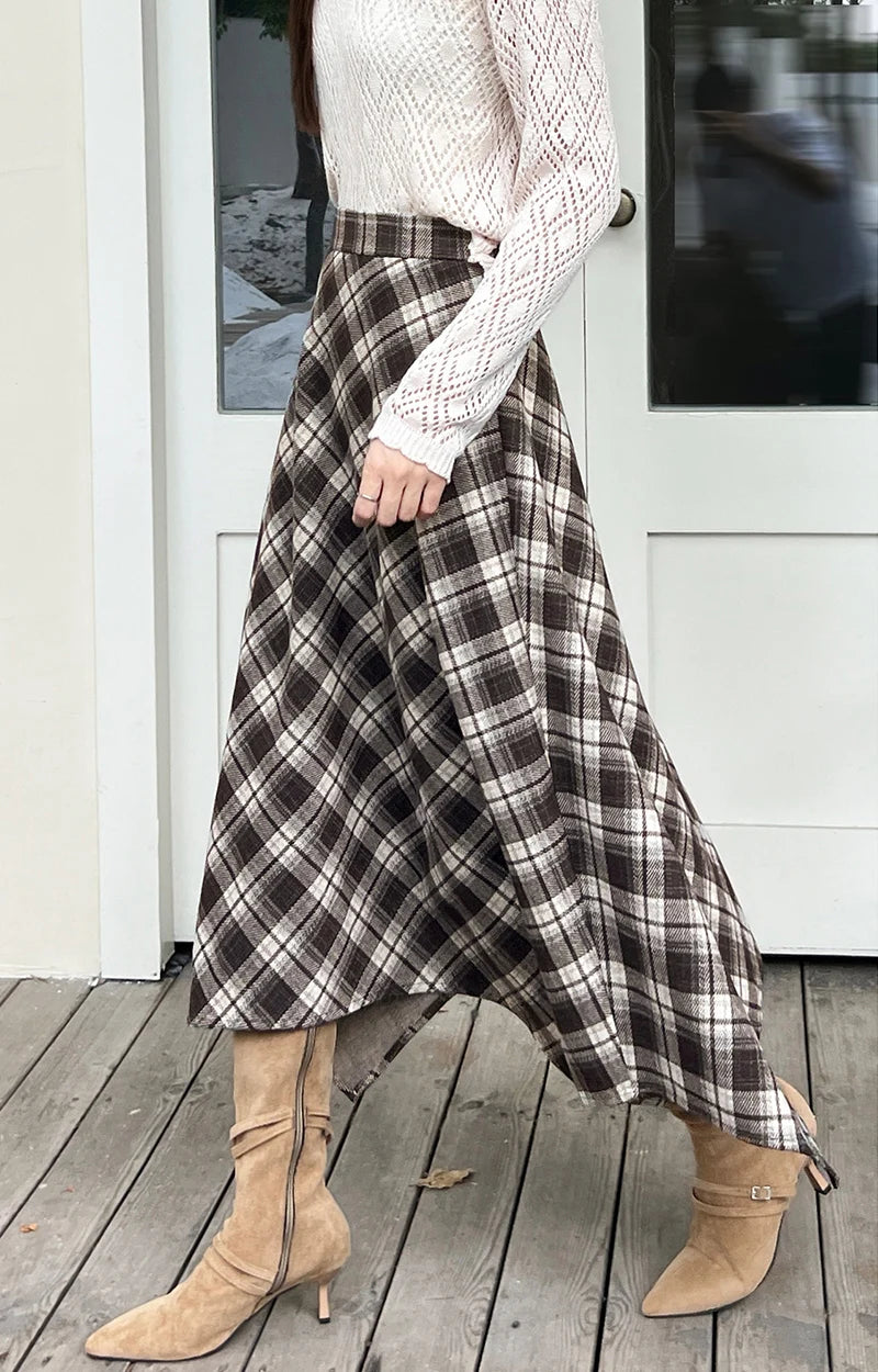 Irregular Vintage Plaid Long Skirts