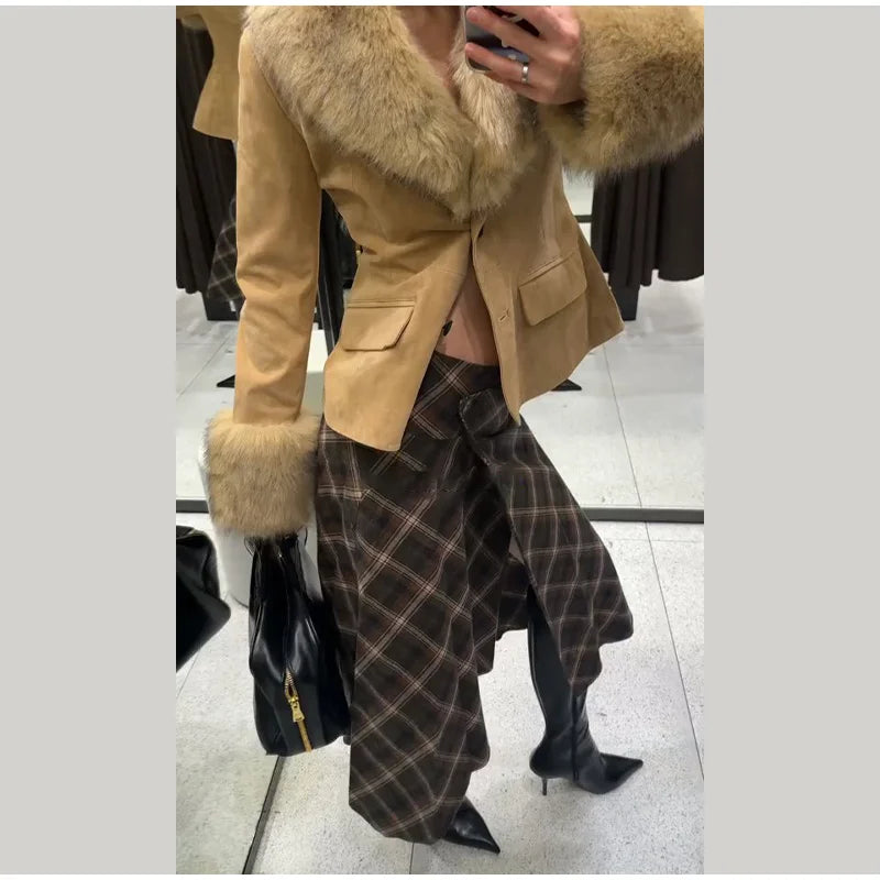 Asymmetric Plaid Slit Long Skirt