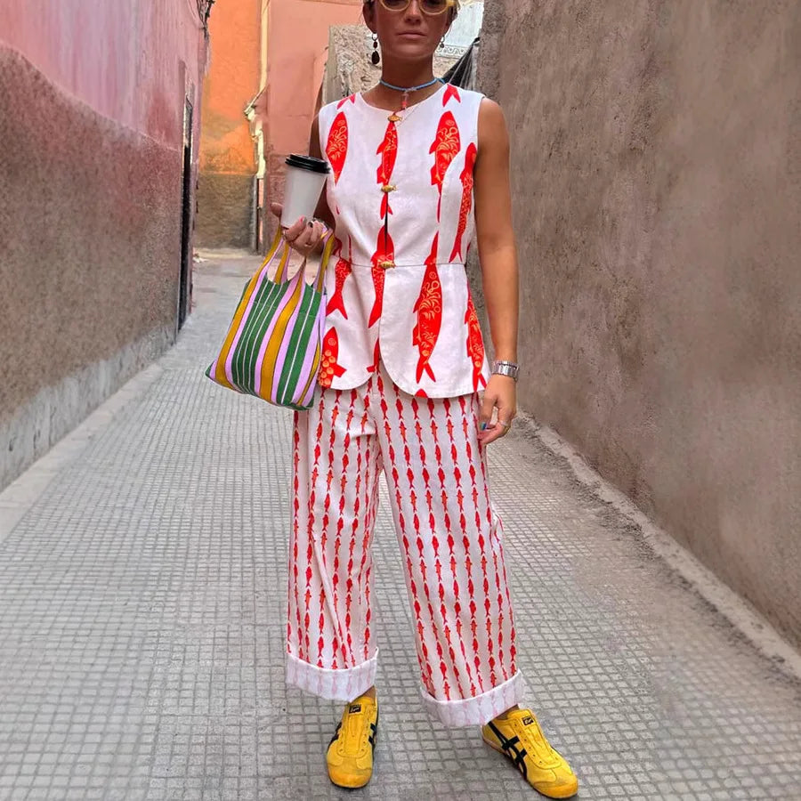 Cartoon Red Fish Print Pants Set