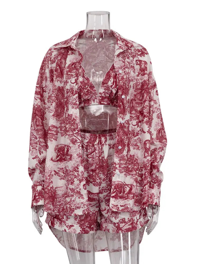 Gaby Floral Print Three Piece Shorts Set