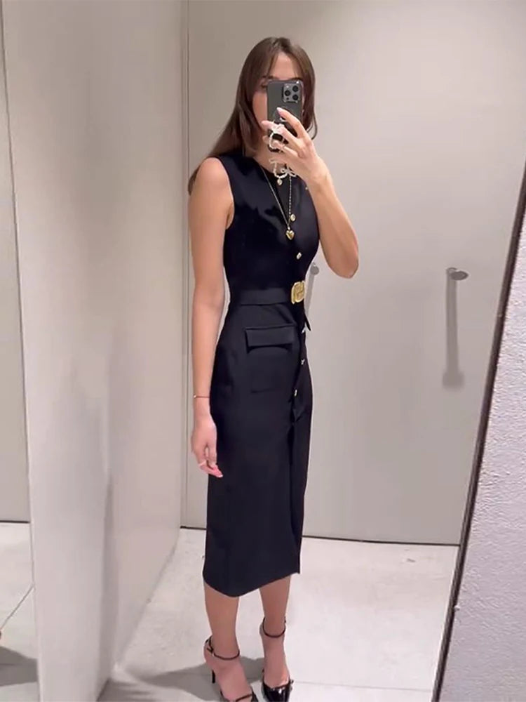 Meski Black Sleeveless Midi Dresses