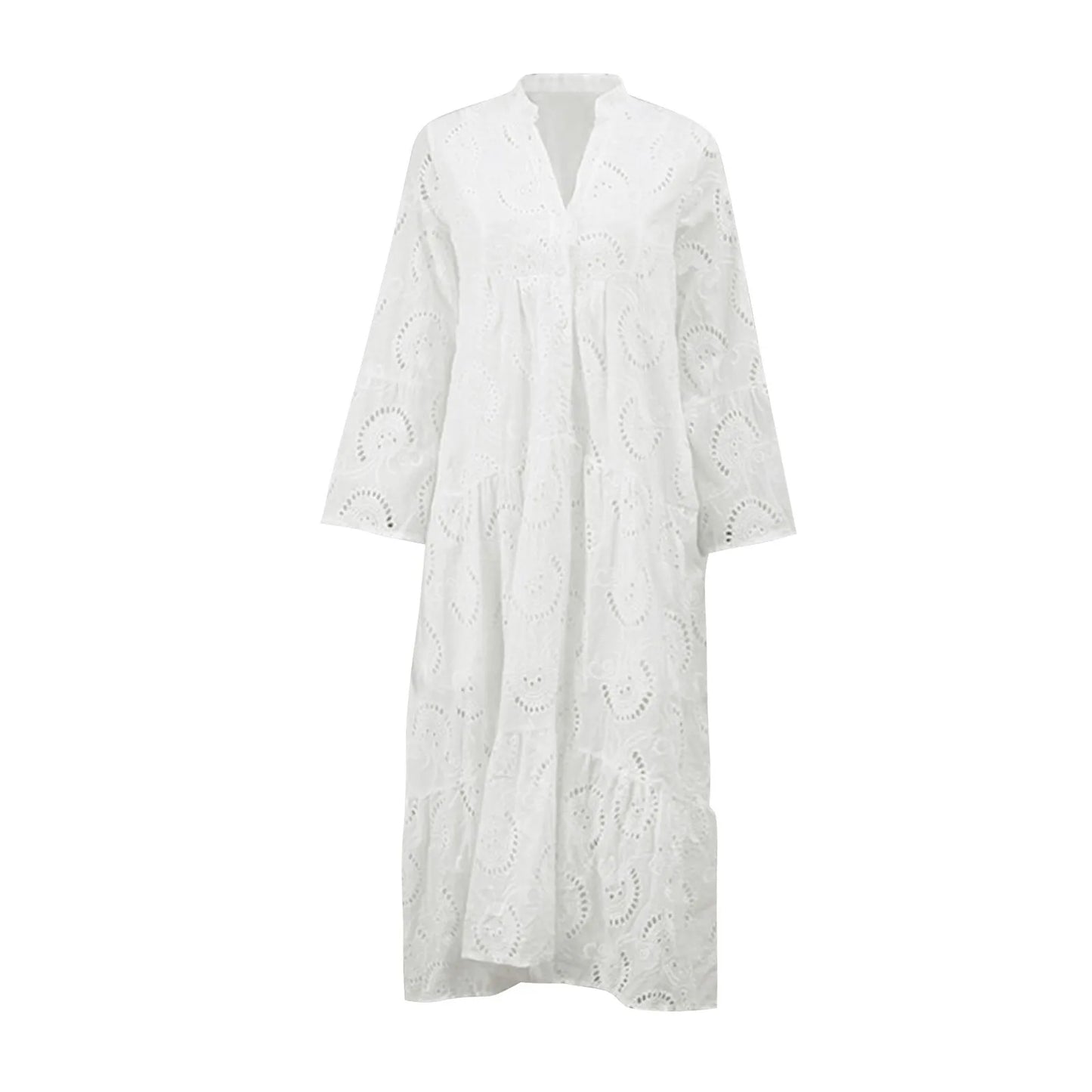 Cotton Crochet White Dress with Flare Sleeves