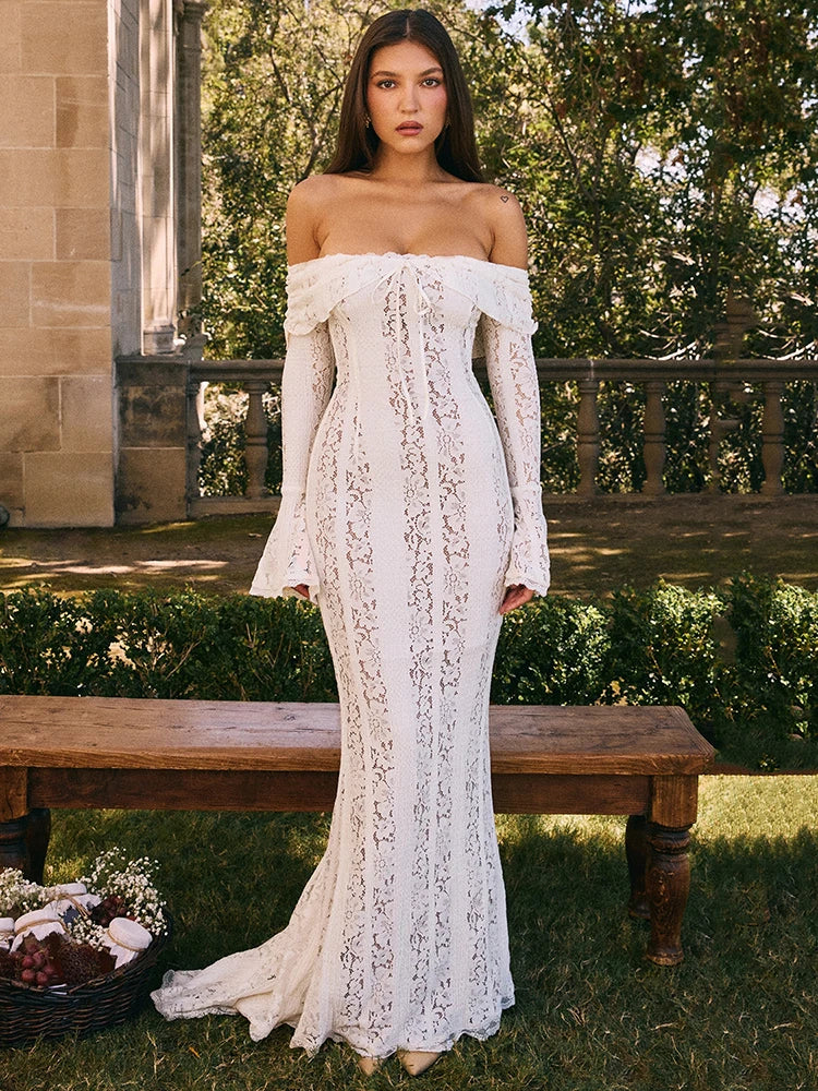 off shoulder maxi dress wedding Amany Off-shoulder Maxi Dress White / S