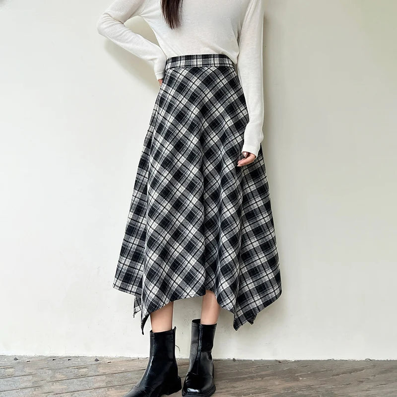 Irregular Vintage Plaid Long Skirts