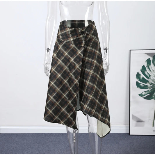 Asymmetric Plaid Slit Long Skirt