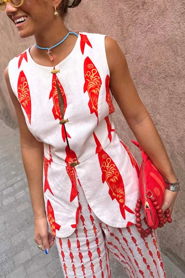 Cartoon Red Fish Print Pants Set