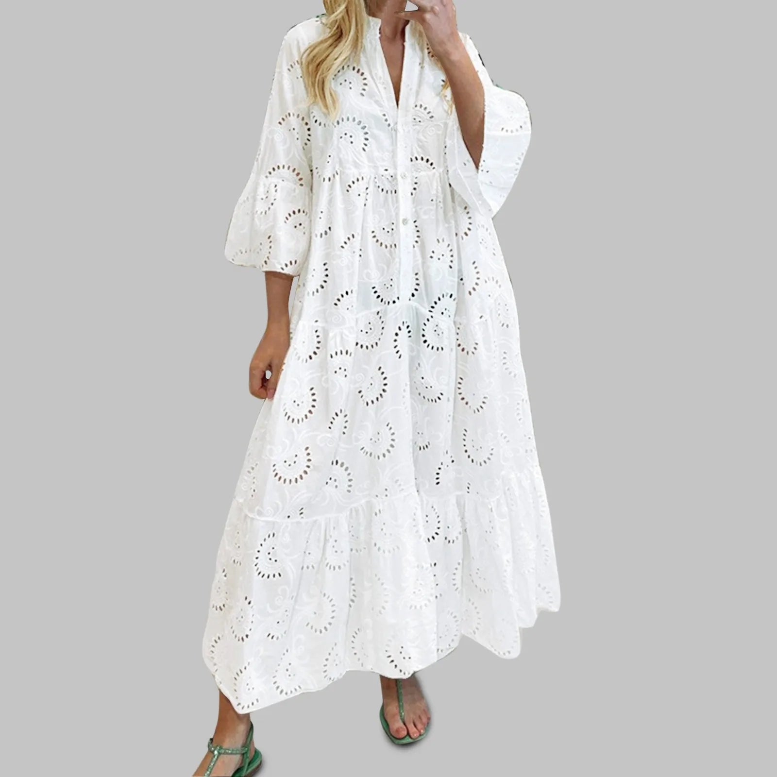 Cotton Crochet White Dress with Flare Sleeves