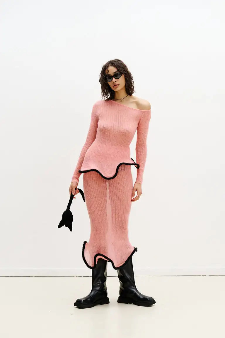 Chic Pink Knitted Sweater Skirt Set