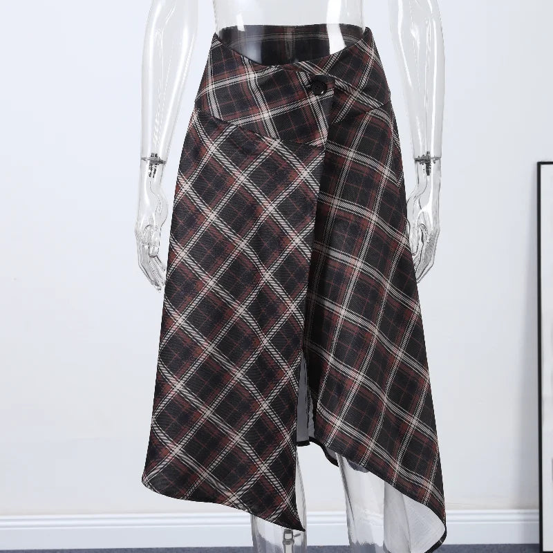 Asymmetric Plaid Slit Long Skirt