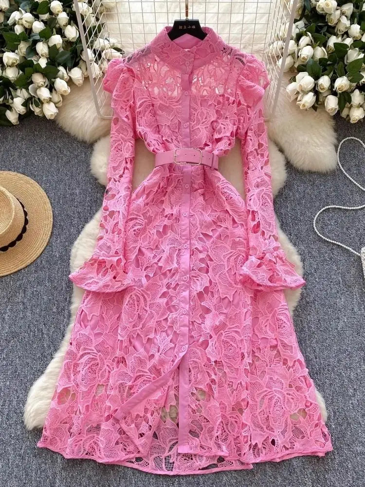 Caitline Flare Sleeve Stand Collar Maxi Dress Pink / XXL