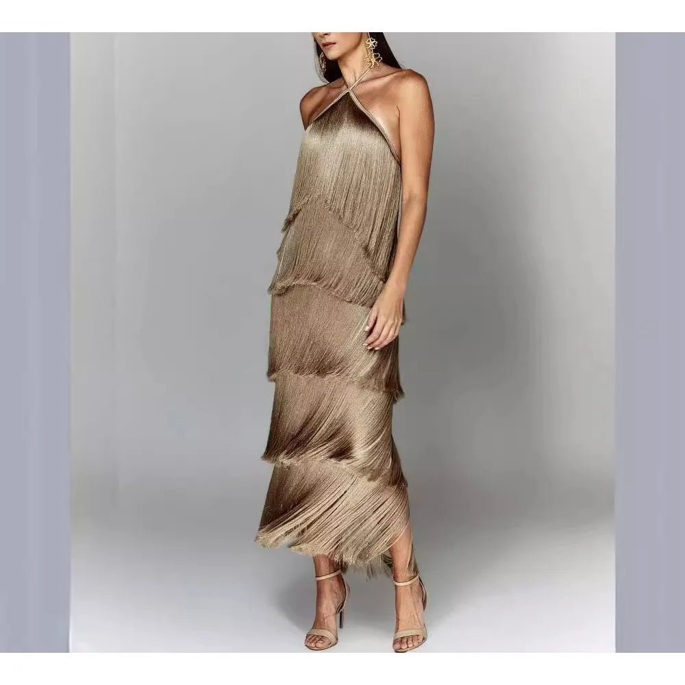 Gala Solid Spliced Tassel Dress