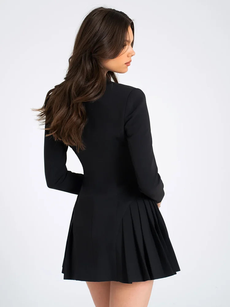 milena mini dress Fantoye Deep V-neck Single Breasted Pleated Women Blazer Mini Dress Long Sleeve A-line Dress Autumn Elegant Official Clothes Black / S