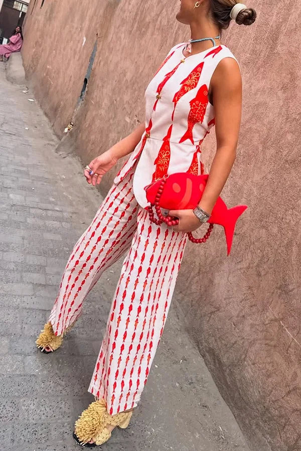 Cartoon Red Fish Print Pants Set