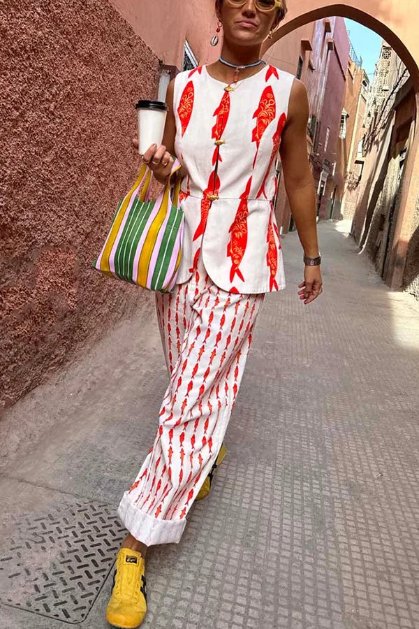 Cartoon Red Fish Print Pants Set