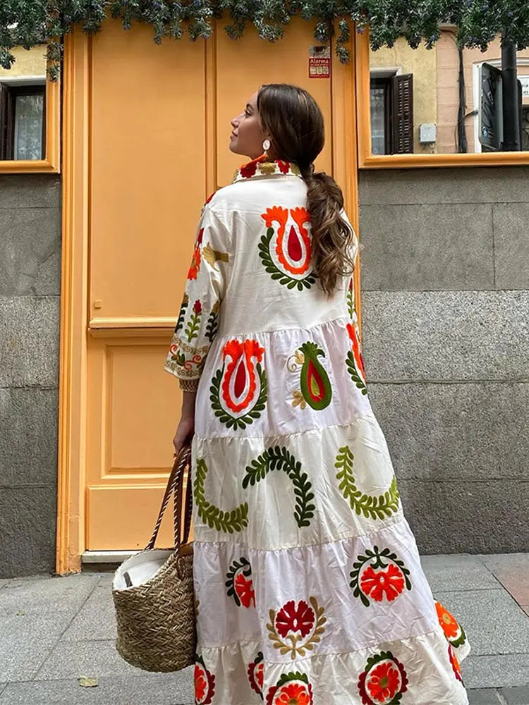 selena maxi dress Vintage Flower Print Single Breasted Long Dress Women Elegant Lapel Half Sleeves Loose Hem Dresses Female Vocation Vestidos Color / S