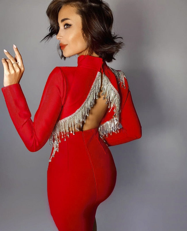 Women White Black Sexy Sparkly Backless Diamond Tassel Vestido Bandage Dress Long Sleeve Bodycon Club Evening Party Mini Dresses Black / M Women White Black Sexy Sparkly Backless Diamond Tassel Vestido Bandage Dress Long Sleeve Bodycon Club Evening Party Mini Dresses Black / M