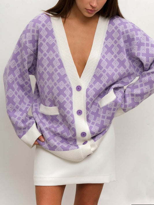 PRINT KNITTED CARDIGAN - Purple