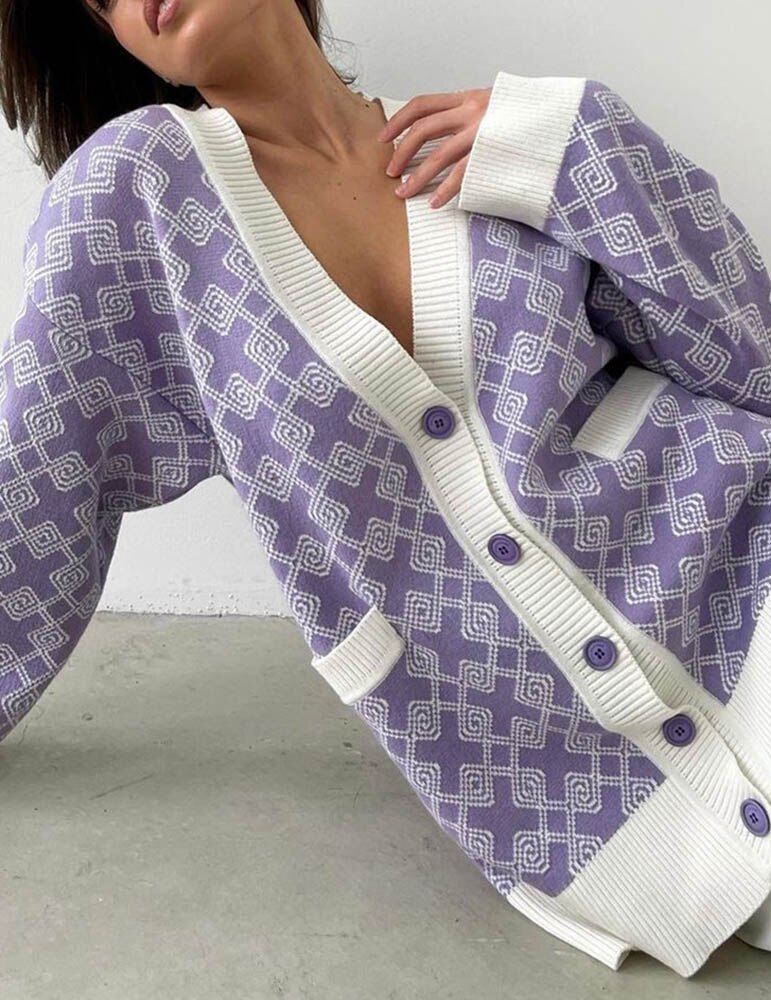 PRINT KNITTED CARDIGAN - Purple