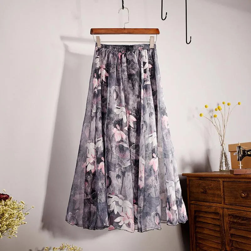 BOHO Floral Print Chiffon Long Skirt