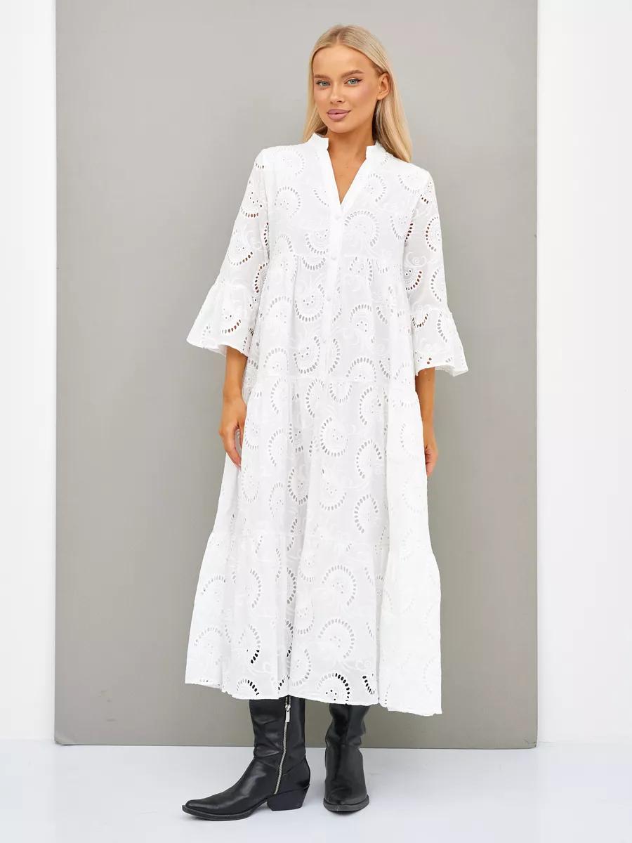 Cotton Crochet White Dress with Flare Sleeves