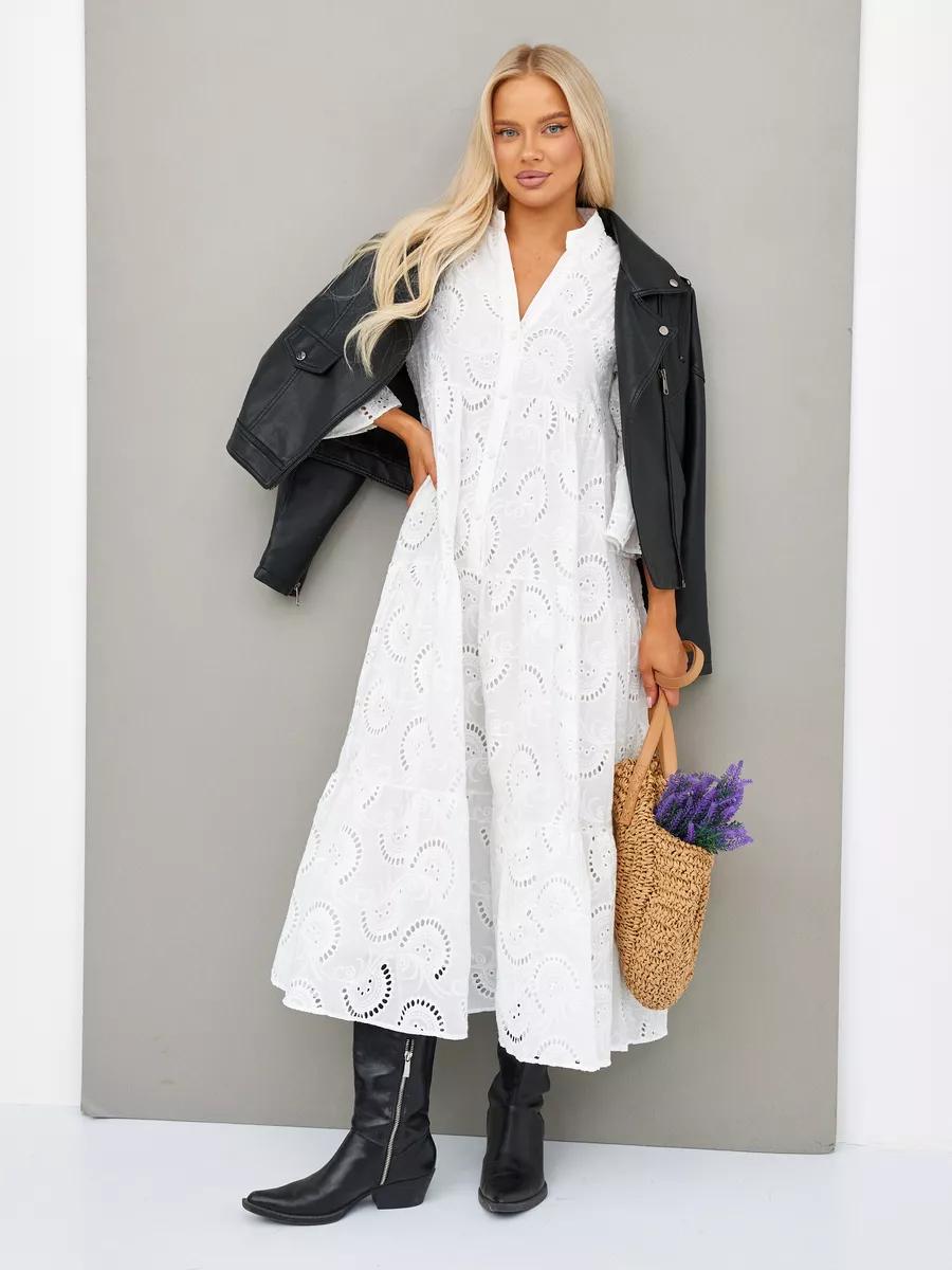 Cotton Crochet White Dress with Flare Sleeves