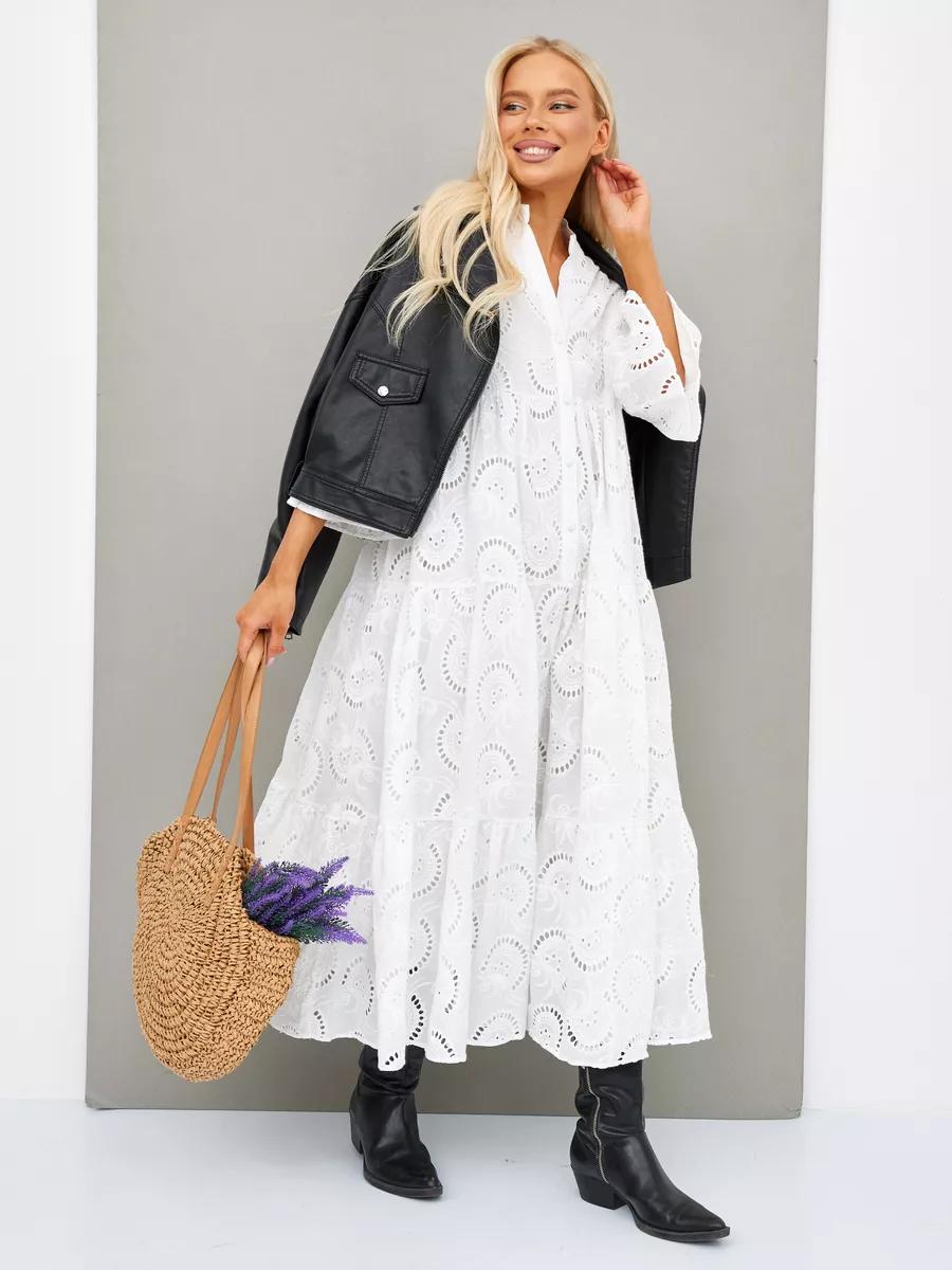 Cotton Crochet White Dress with Flare Sleeves