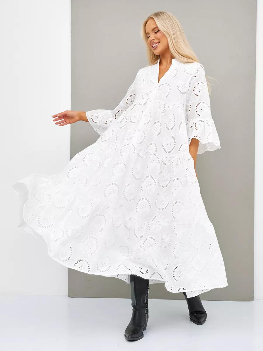 Cotton Crochet White Dress with Flare Sleeves