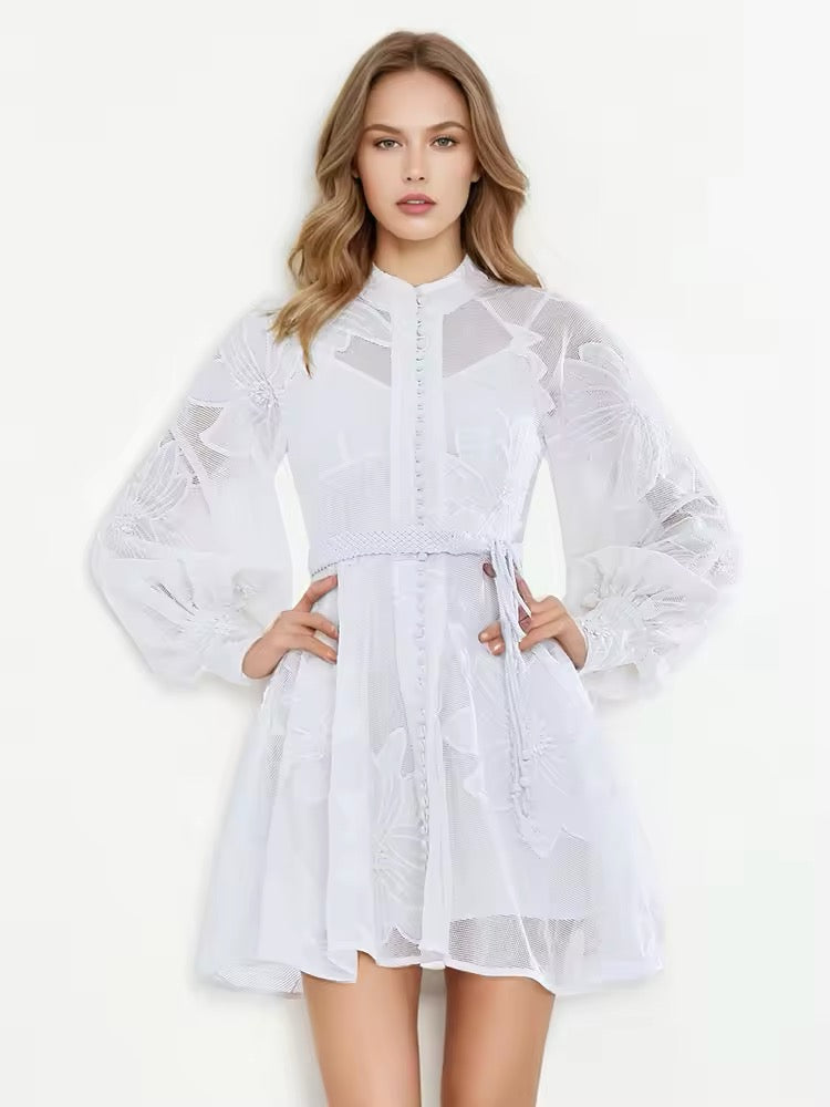 SImona White Dress with Long Sleeves