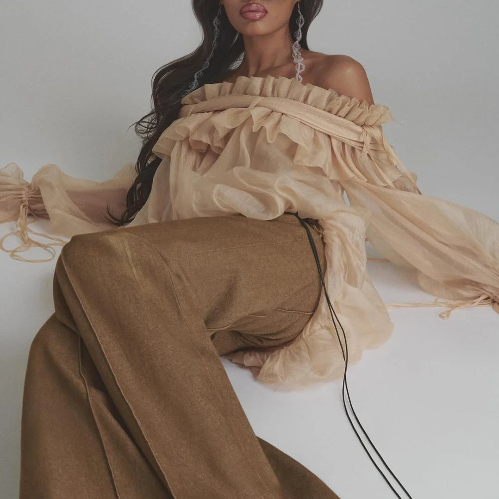 Airin Off Shoulder Mesh Ruffle Top Blouse