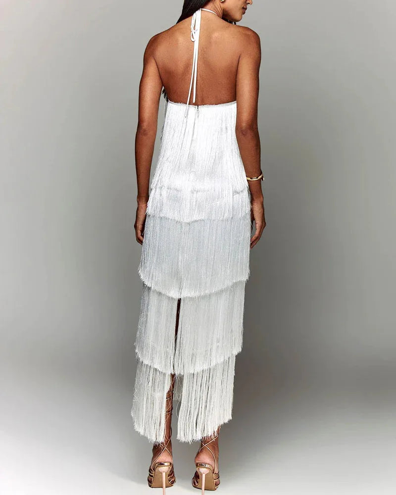 Gala Solid Spliced Tassel Dress