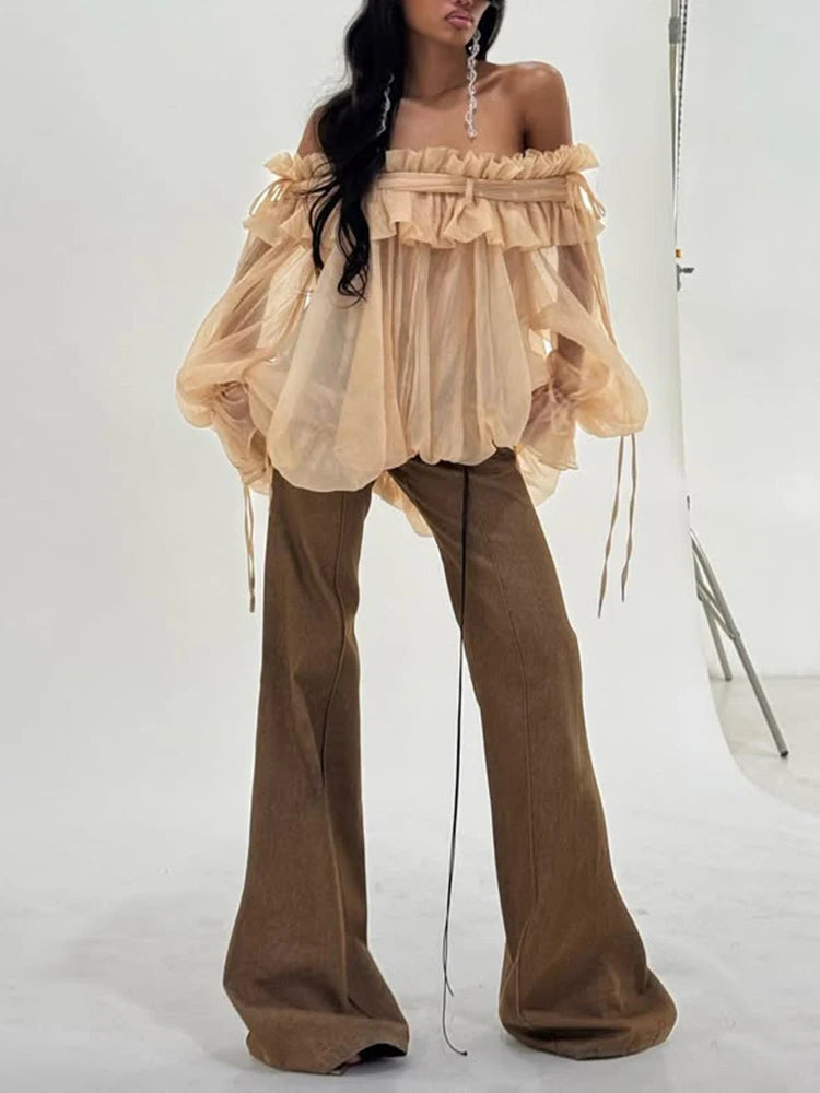 Airin Off Shoulder Mesh Ruffle Top Blouse