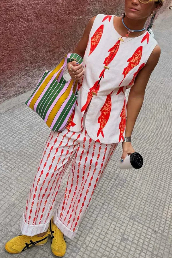 Cartoon Red Fish Print Pants Set