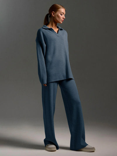 Daria Thick Knitted Suits Polo Neck Sweater & Wide Leg Pants