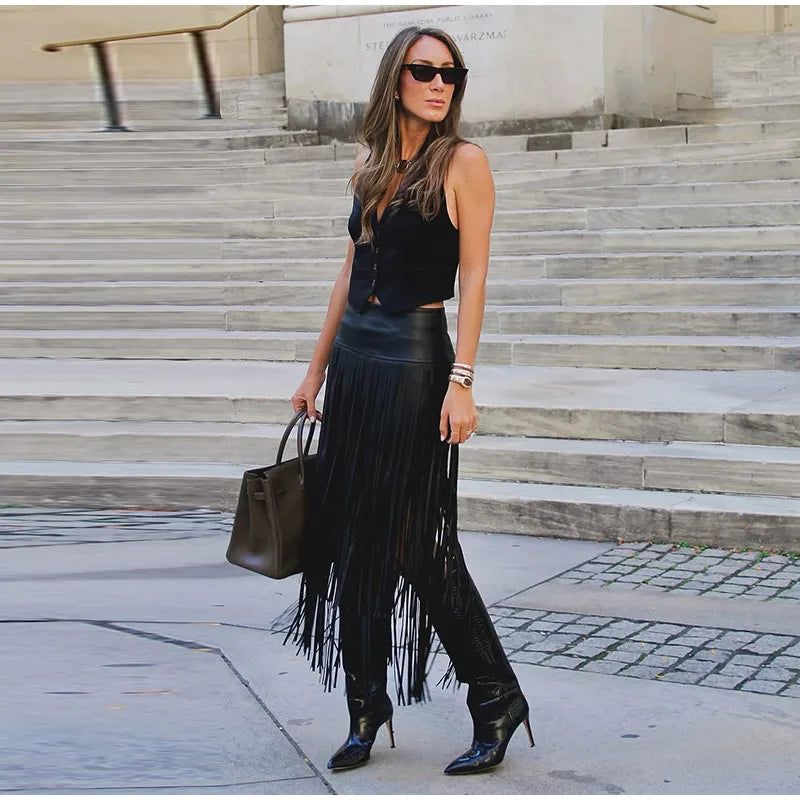 Sloane Leather Fringe Midi Skirt