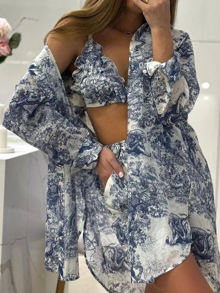 Gaby Floral Print Three Piece Shorts Set