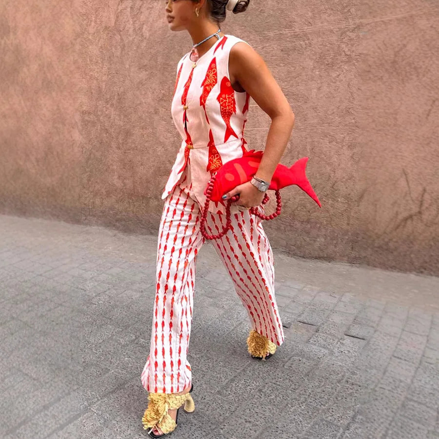 Cartoon Red Fish Print Pants Set