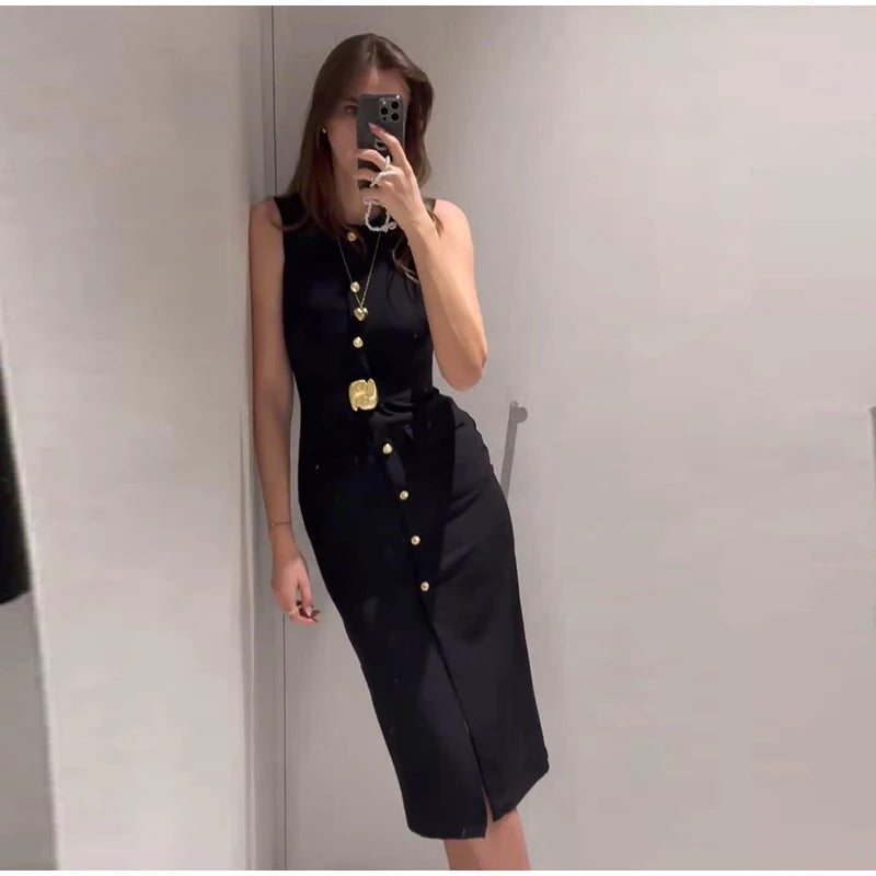 Meski Black Sleeveless Midi Dresses